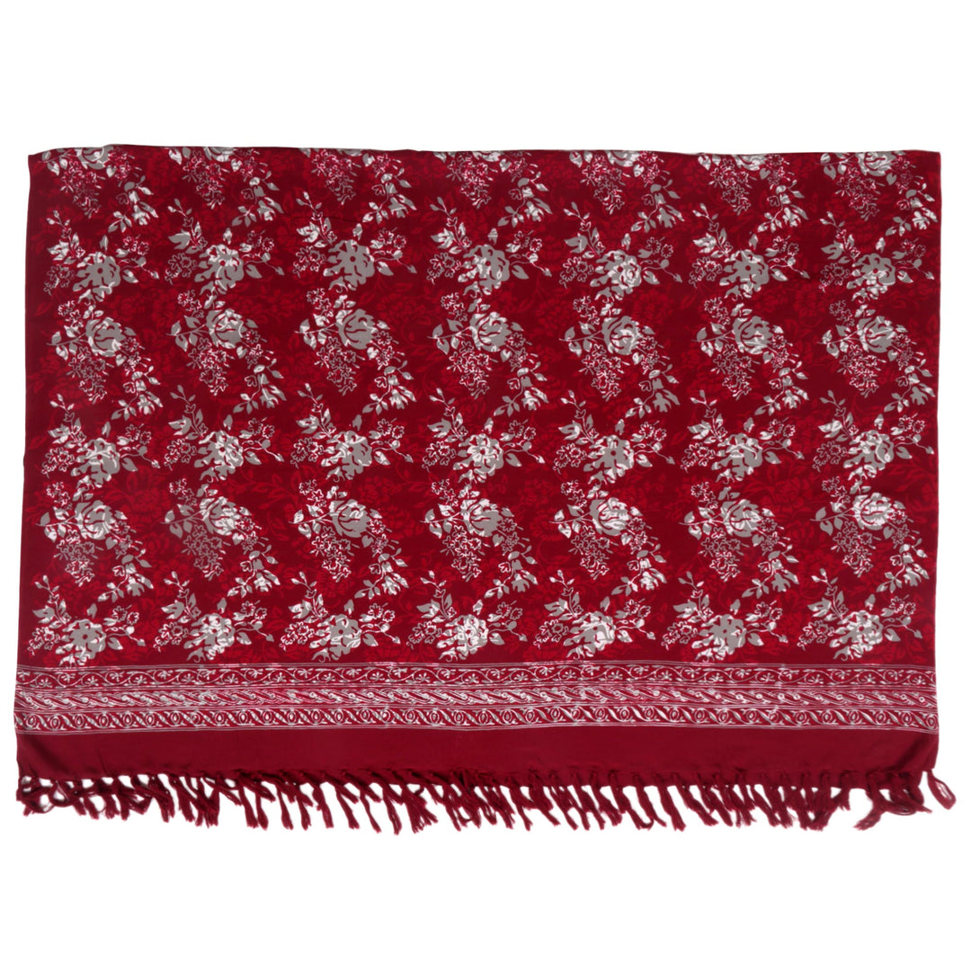 Red Floral Rayon Sarong with Hand Stamped Batik Pattern - Tropical Garden in Claret