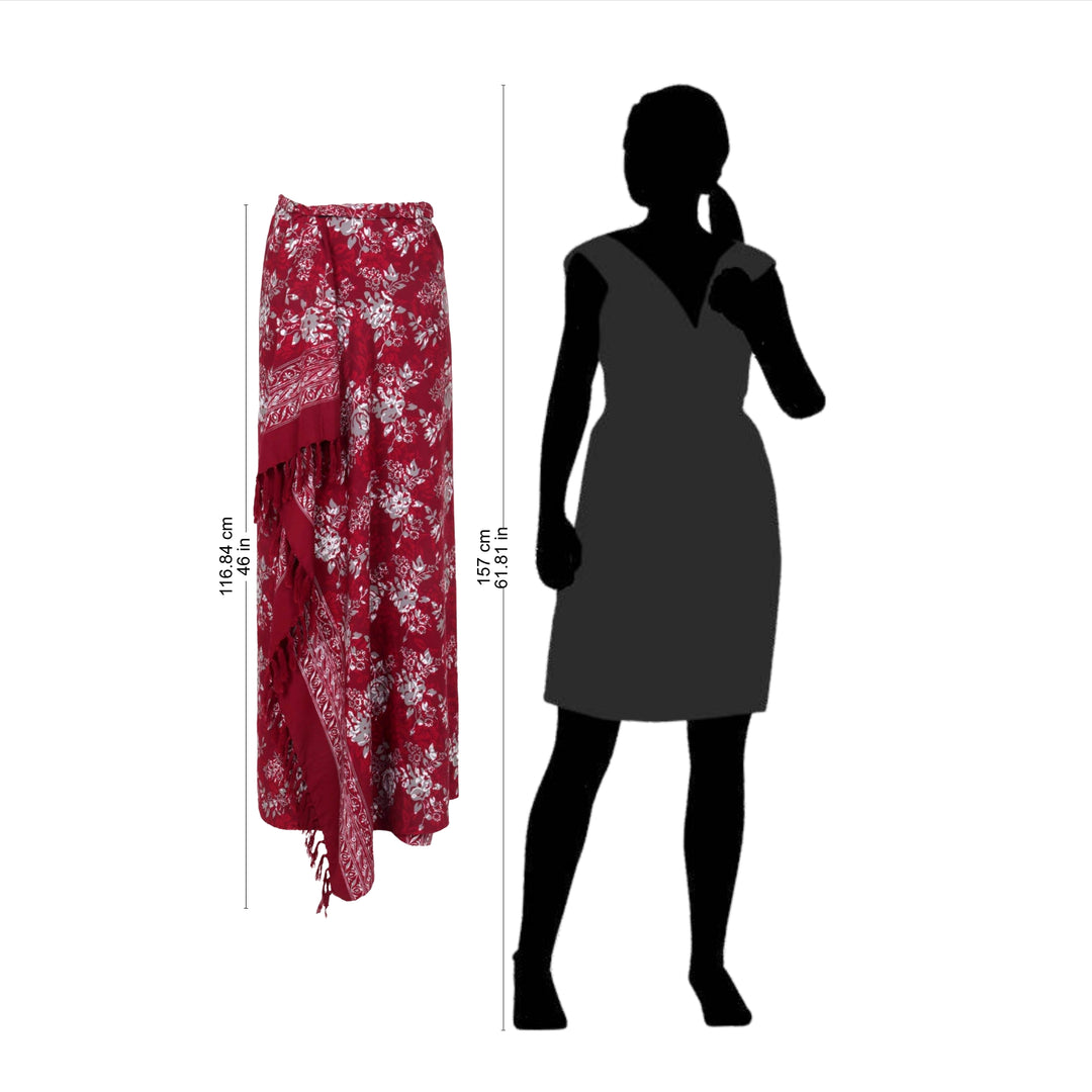 Red Floral Rayon Sarong with Hand Stamped Batik Pattern - Tropical Garden in Claret