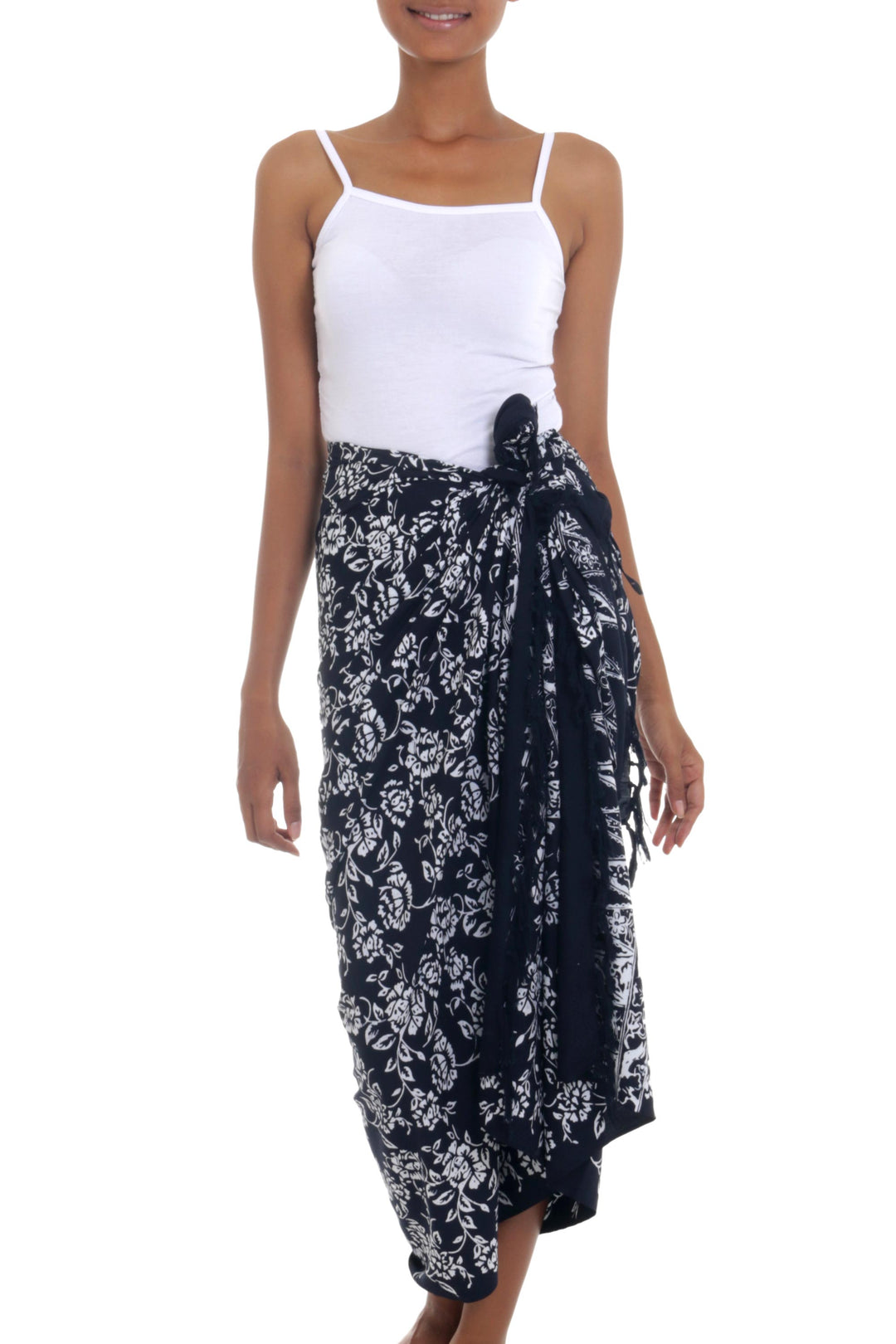 Black and White Rayon Sarong with Floral Batik Motifs - Tropical Garden in Black
