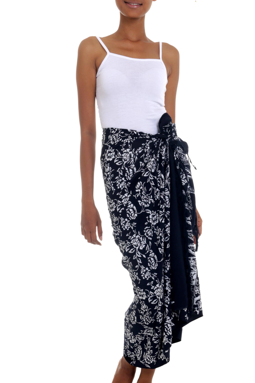 Black and White Rayon Sarong with Floral Batik Motifs - Tropical Garden in Black