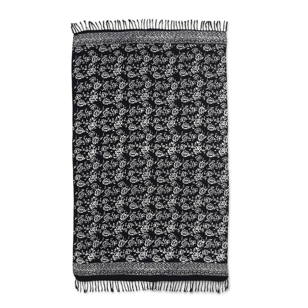 Black and White Rayon Sarong with Floral Batik Motifs - Tropical Garden in Black