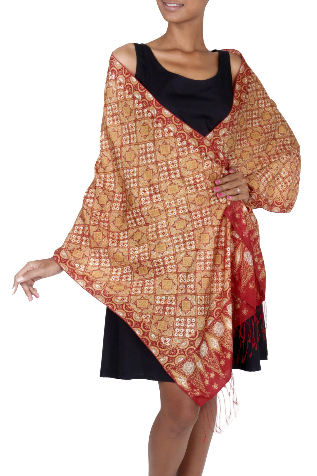 Red and Gold Metallic Hand Stamped Batik Silk Shawl - Ceplok Beteng