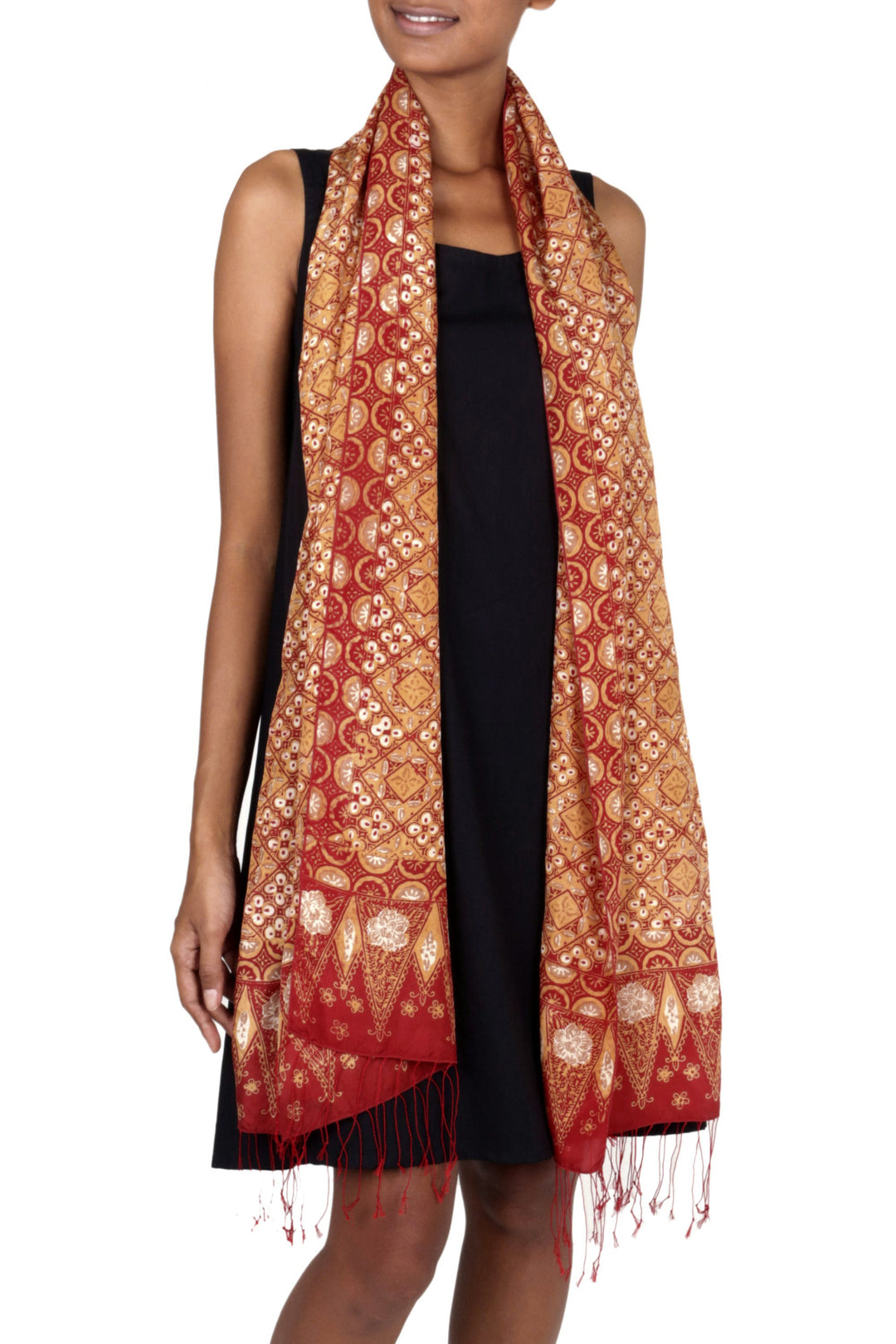 Red and Gold Metallic Hand Stamped Batik Silk Shawl - Ceplok Beteng