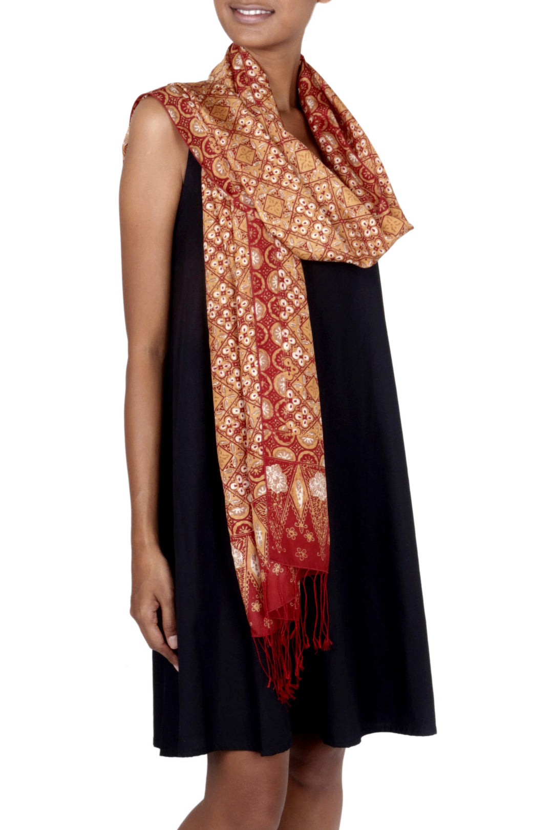 Red and Gold Metallic Hand Stamped Batik Silk Shawl - Ceplok Beteng