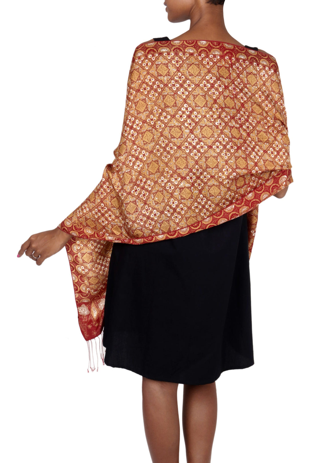 Red and Gold Metallic Hand Stamped Batik Silk Shawl - Ceplok Beteng