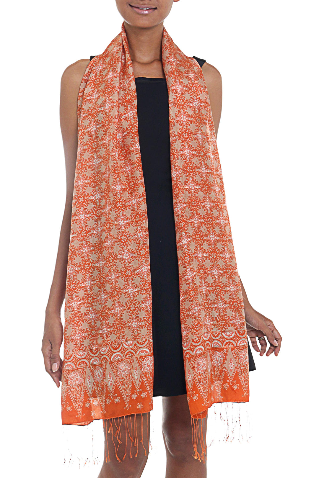 Silk Shawl with Tangerine Truntum Motifs from Indonesia - Truntum Star