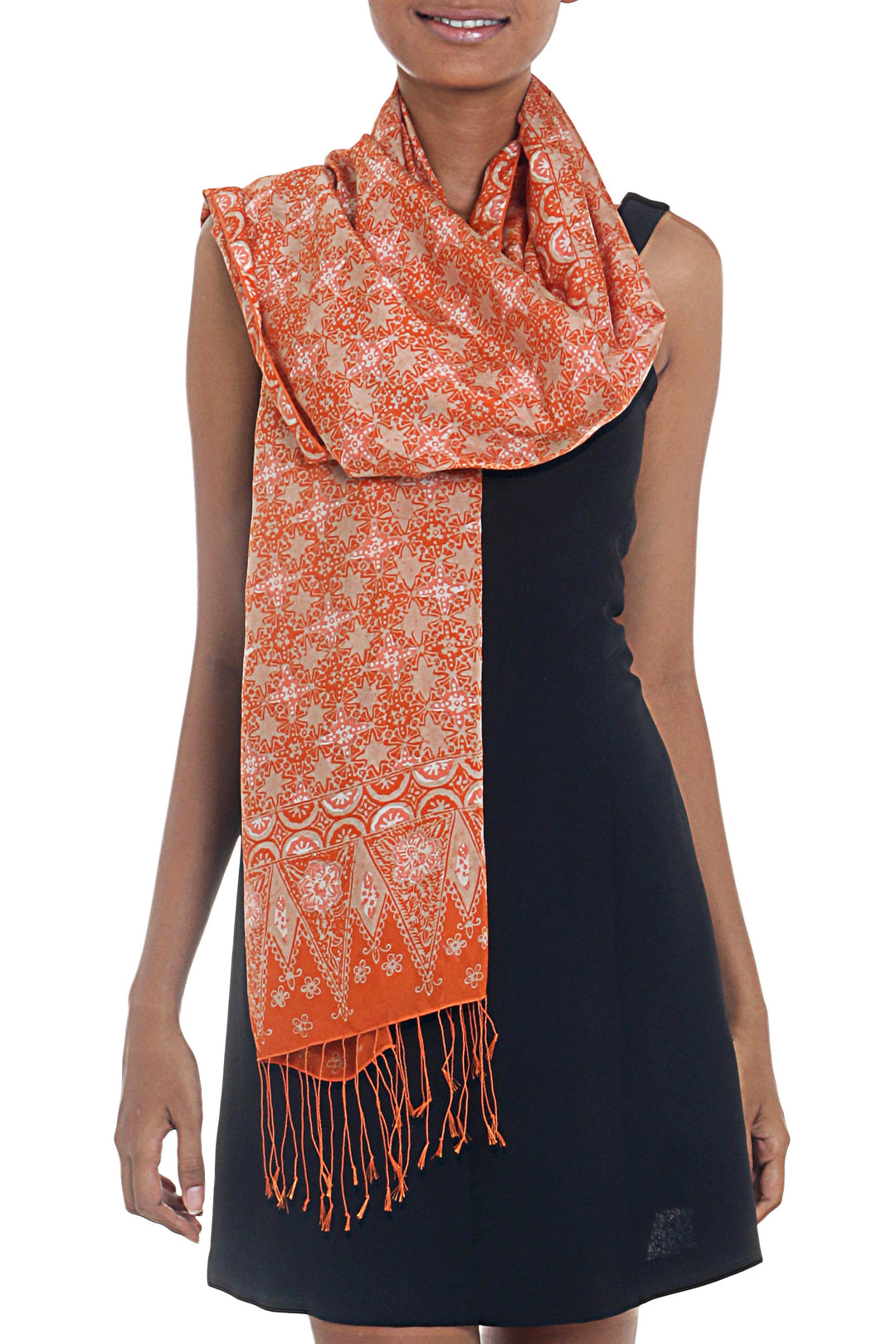 Silk Shawl with Tangerine Truntum Motifs from Indonesia - Truntum Star