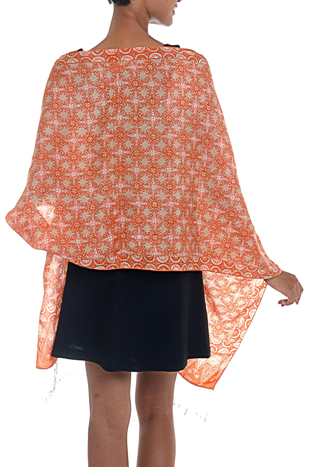Silk Shawl with Tangerine Truntum Motifs from Indonesia - Truntum Star
