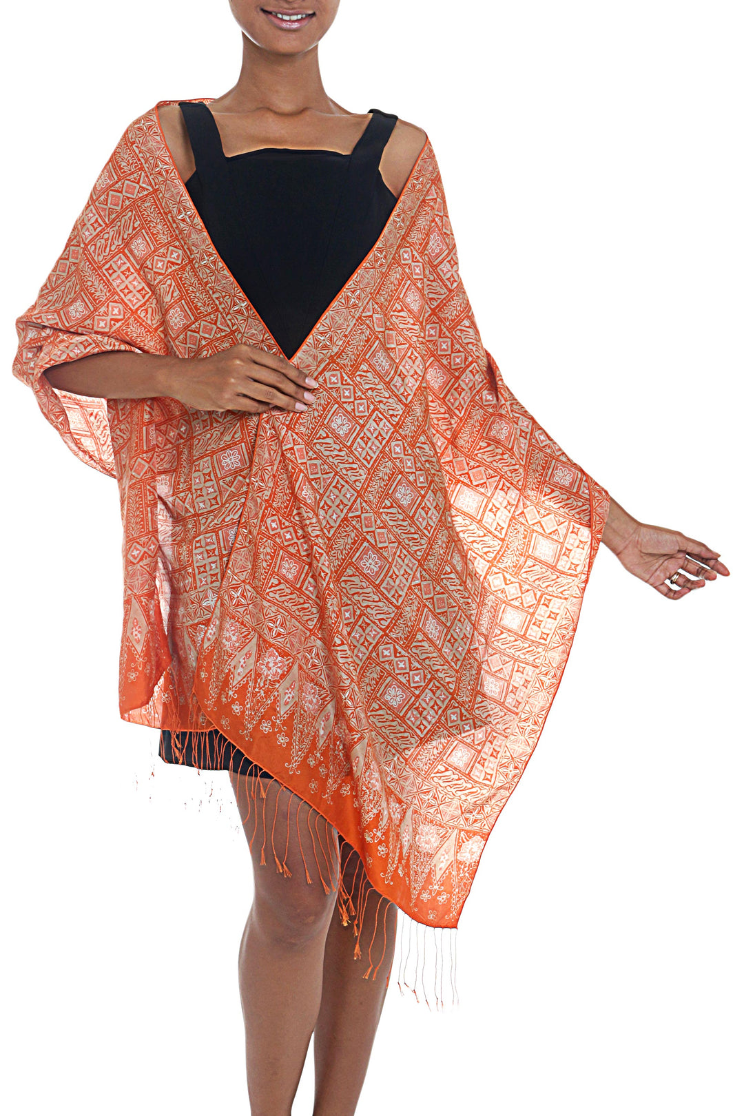 Silk Shawl with Tangerine Geometric Motifs from Indonesia - Parang Puzzle