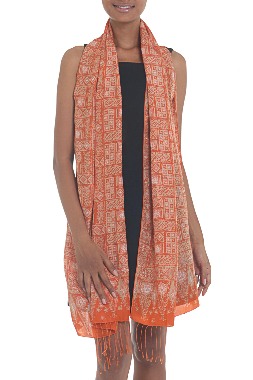 Silk Shawl with Tangerine Geometric Motifs from Indonesia - Parang Puzzle