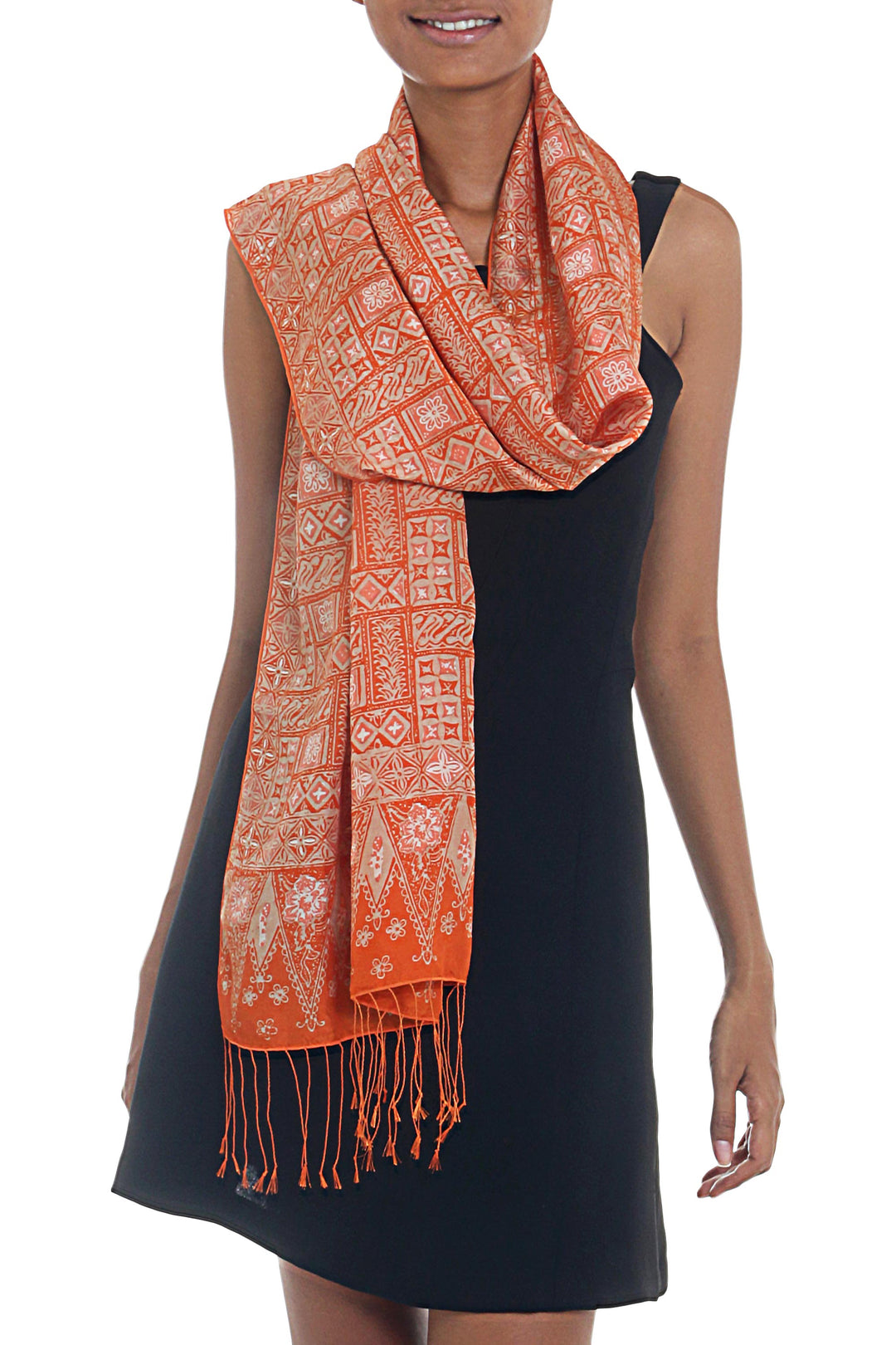 Silk Shawl with Tangerine Geometric Motifs from Indonesia - Parang Puzzle