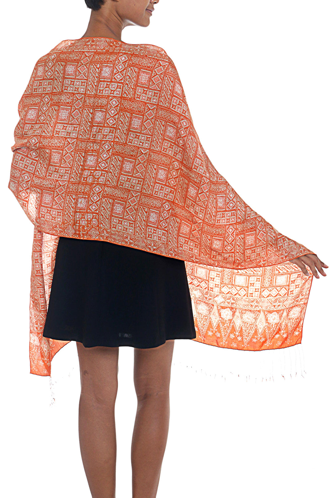 Silk Shawl with Tangerine Geometric Motifs from Indonesia - Parang Puzzle