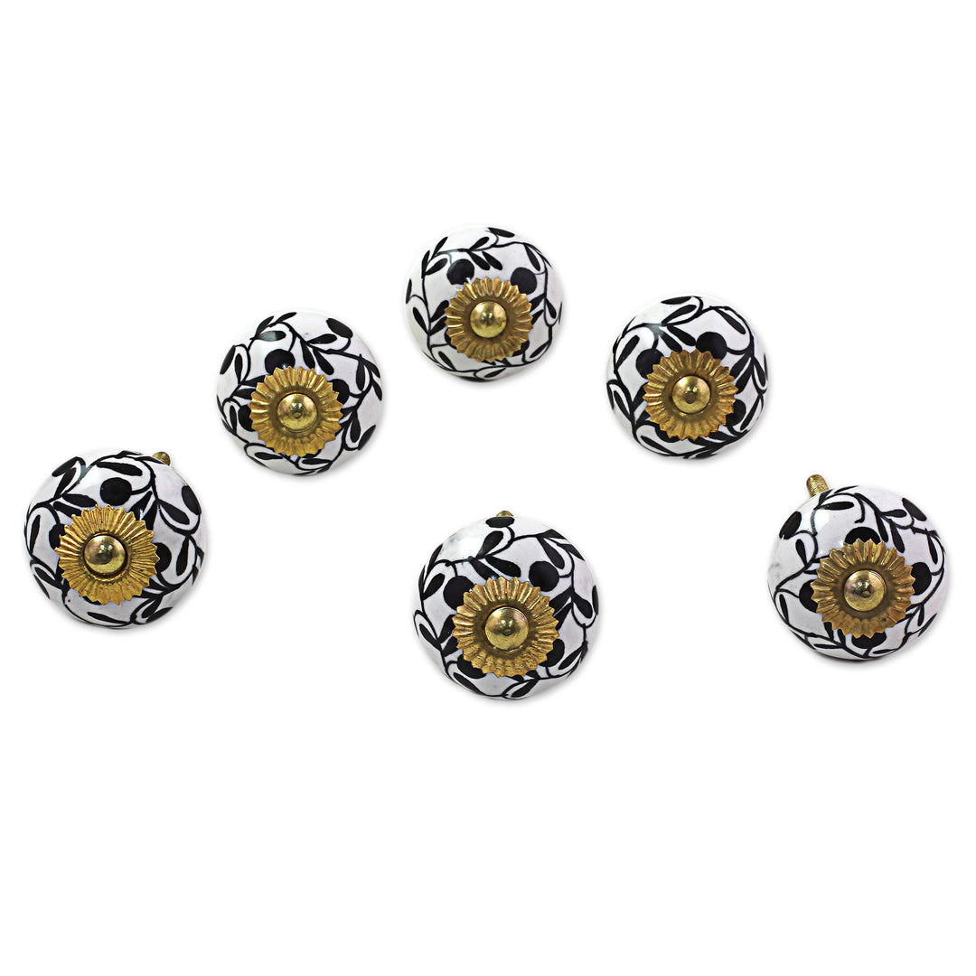 Ceramic Cabinet Knobs Floral White Black (Set of 6) India - Magical Blooms