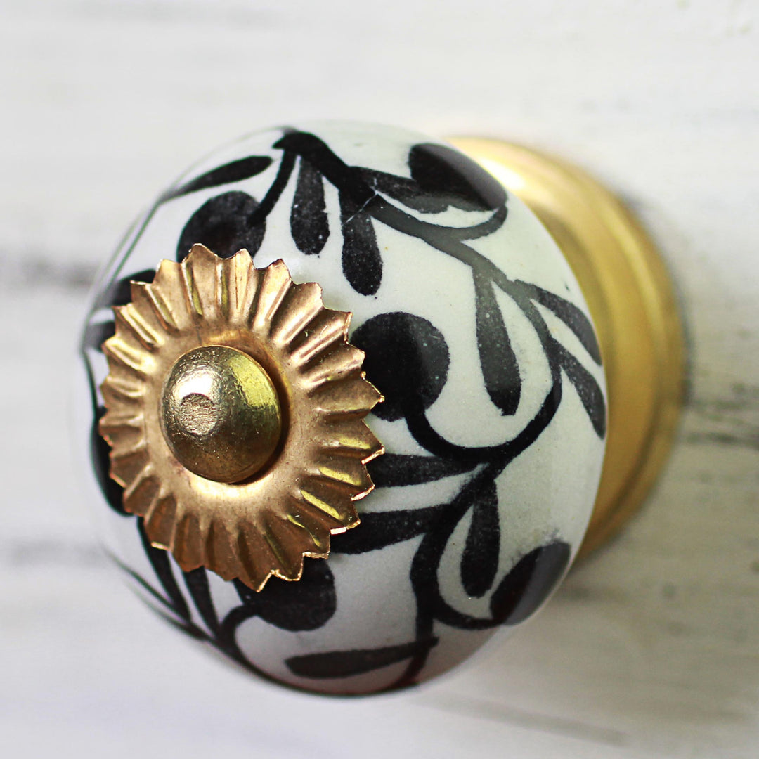 Ceramic Cabinet Knobs Floral White Black (Set of 6) India - Magical Blooms