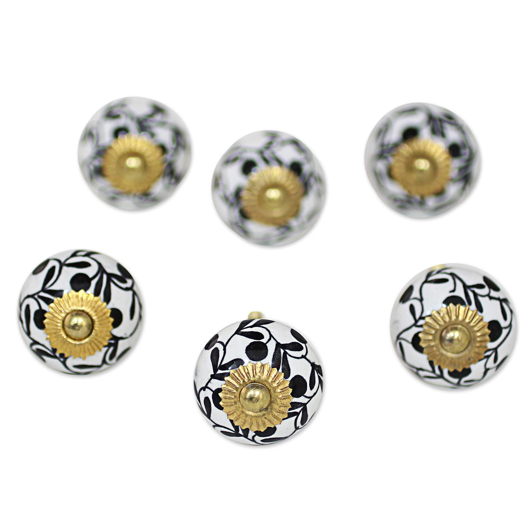 Ceramic Cabinet Knobs Floral White Black (Set of 6) India - Magical Blooms