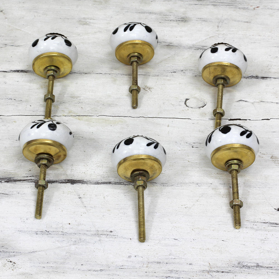 Ceramic Cabinet Knobs Floral White Black (Set of 6) India - Magical Blooms