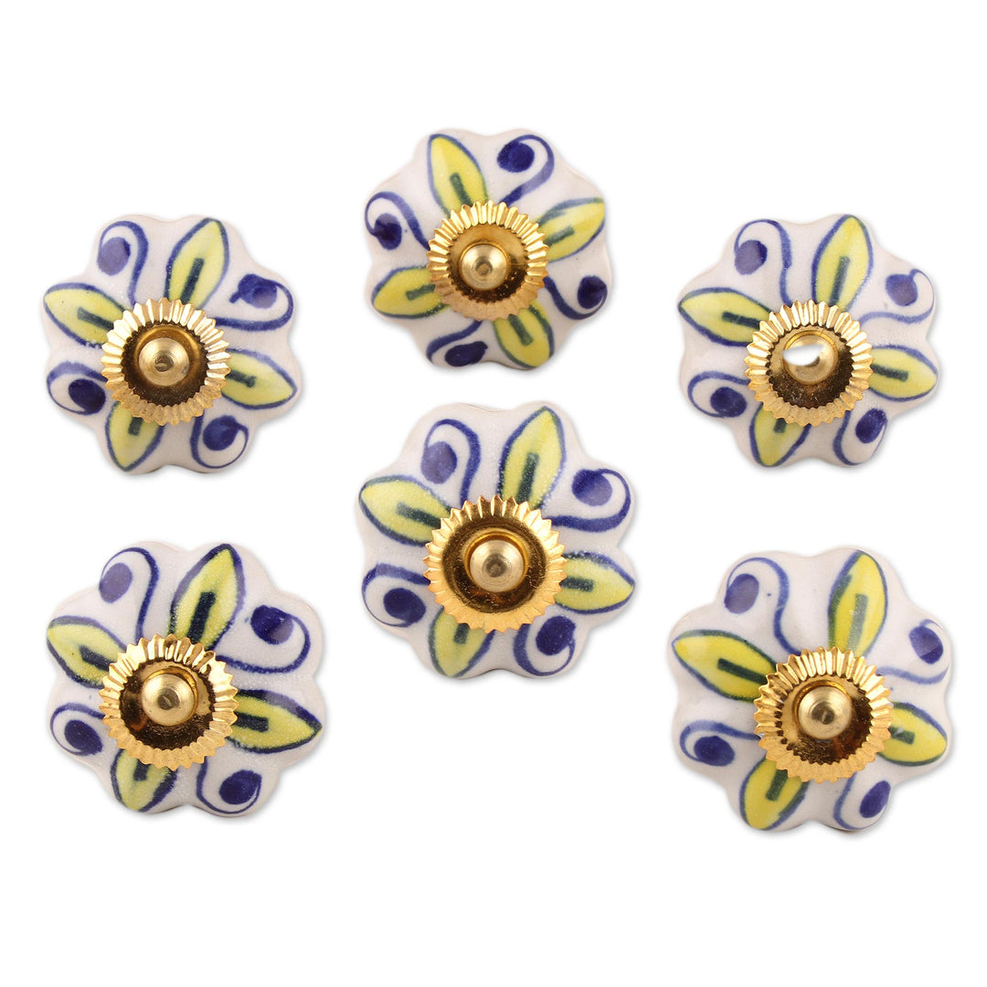 Ceramic Cabinet Knobs Floral Yellow White (Set of 6) India - Bright Sunshine