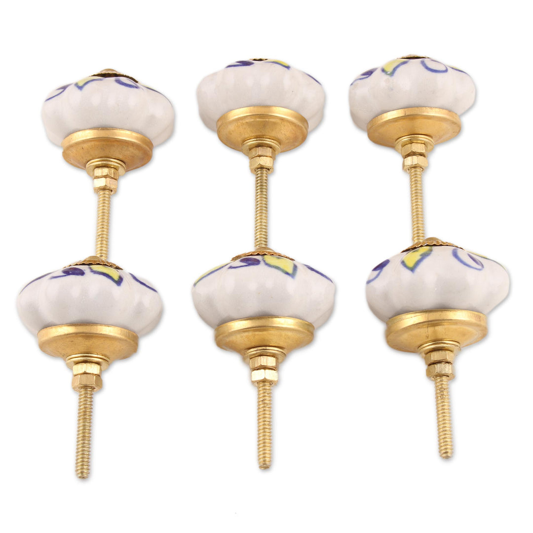 Ceramic Cabinet Knobs Floral Yellow White (Set of 6) India - Bright Sunshine