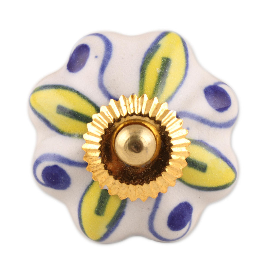 Ceramic Cabinet Knobs Floral Yellow White (Set of 6) India - Bright Sunshine