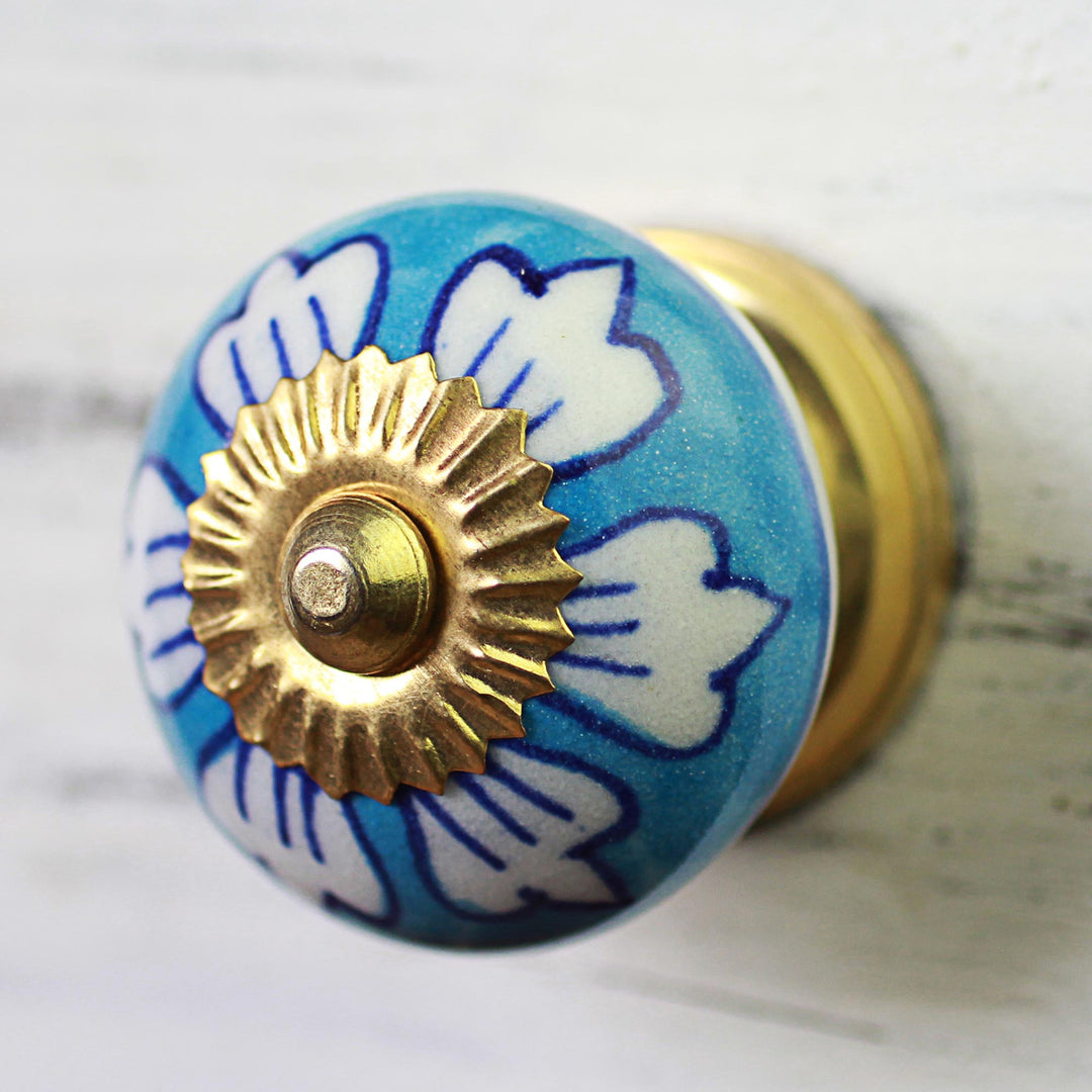 Ceramic Cabinet Knobs Floral Blue White (Set of 6) India - Blue Flowers