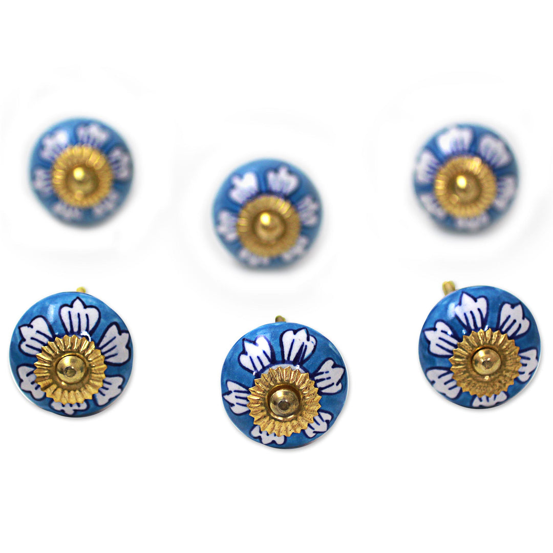 Ceramic Cabinet Knobs Floral Blue White (Set of 6) India - Blue Flowers