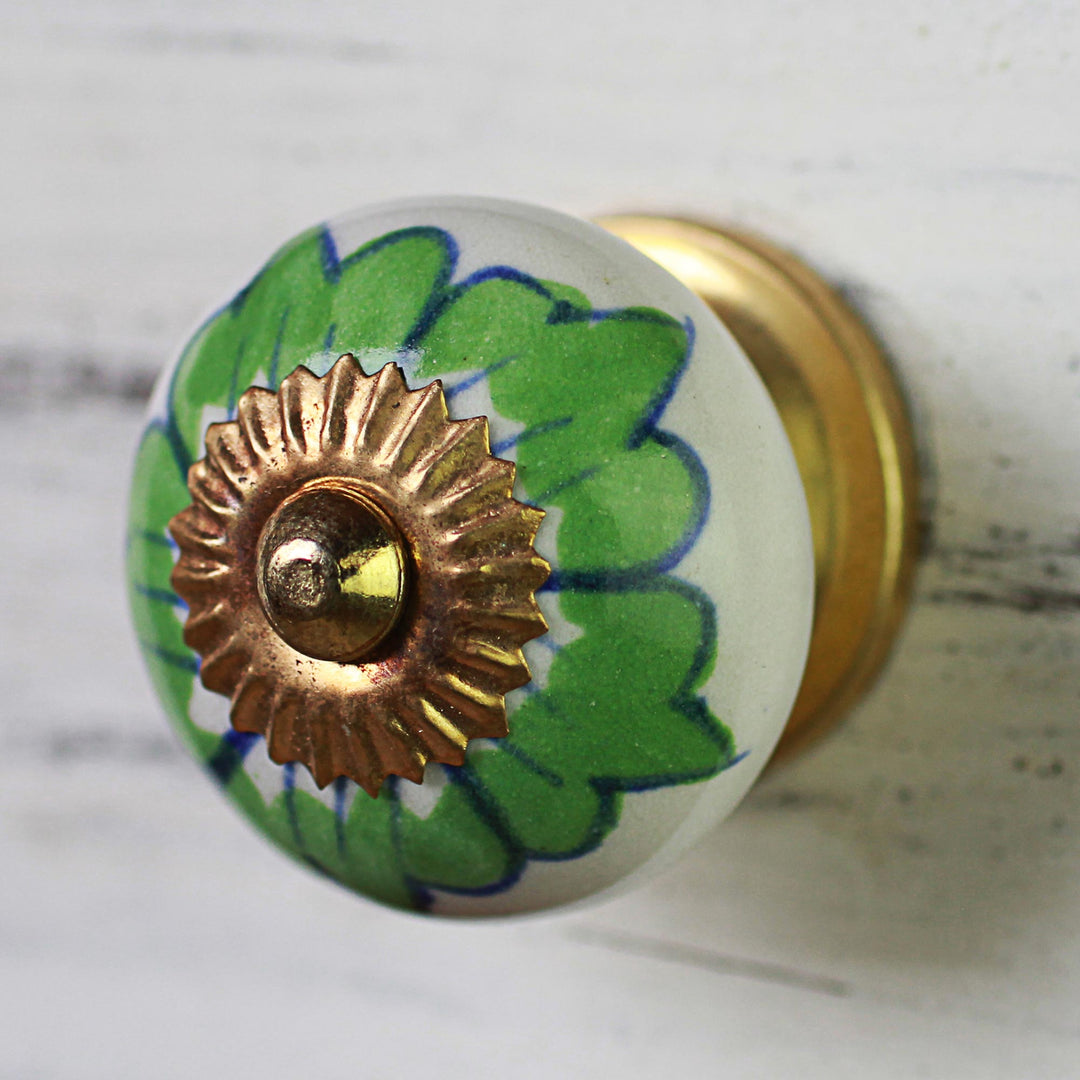 Ceramic Cabinet Knobs Floral Green White (Set of 6) India - Green Flowers