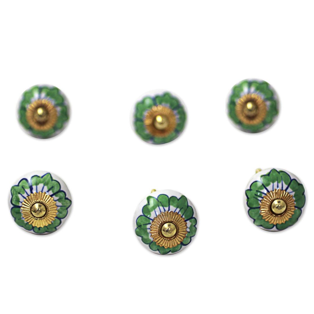 Ceramic Cabinet Knobs Floral Green White (Set of 6) India - Green Flowers