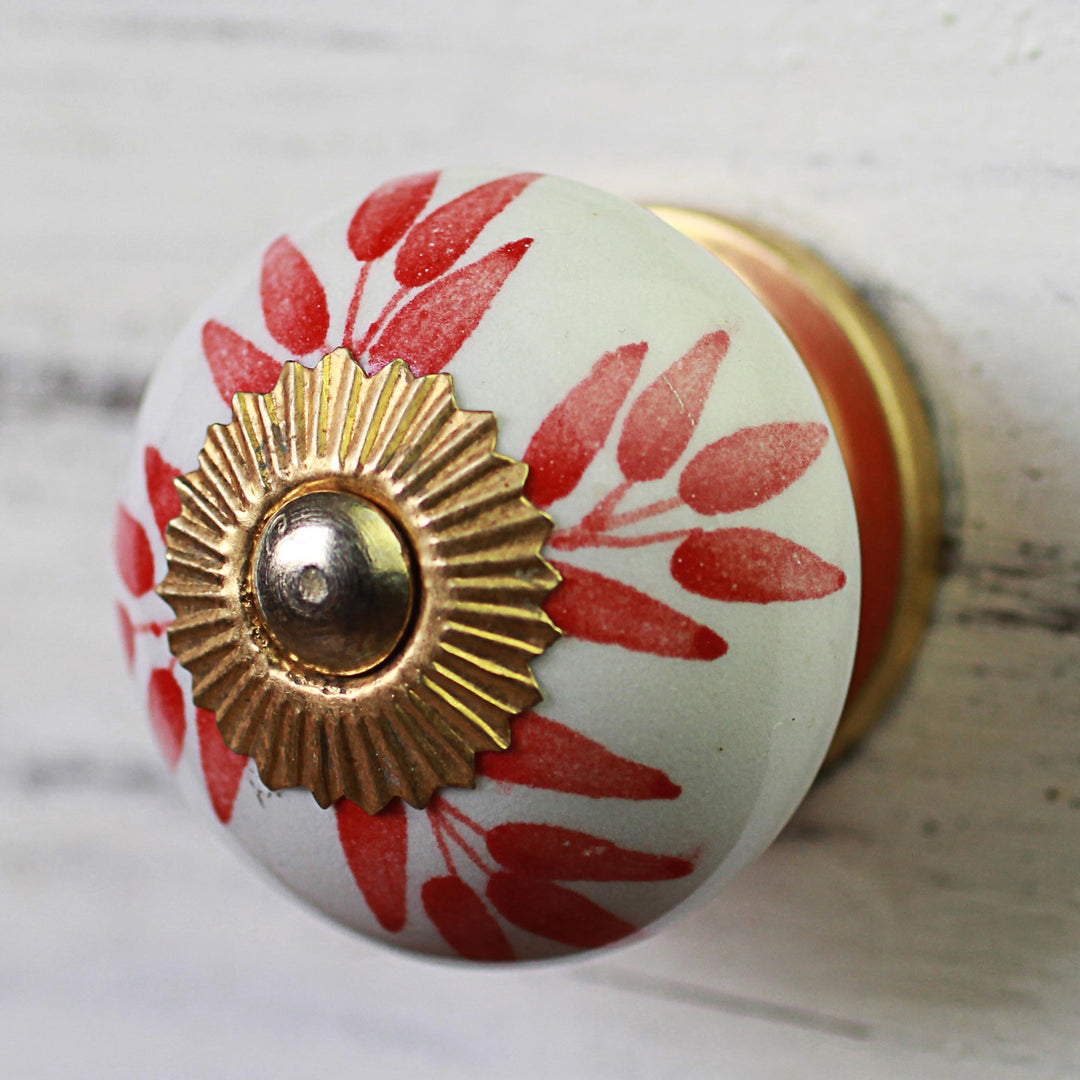 Ceramic Cabinet Knobs Floral White Red (Set of 6) from India - Leafy Red