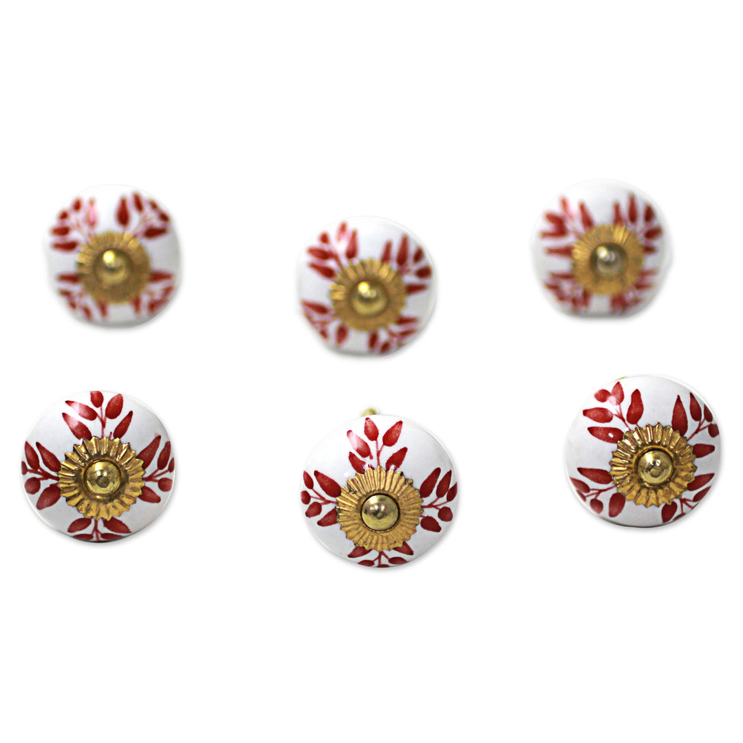Ceramic Cabinet Knobs Floral White Red (Set of 6) from India - Leafy Red