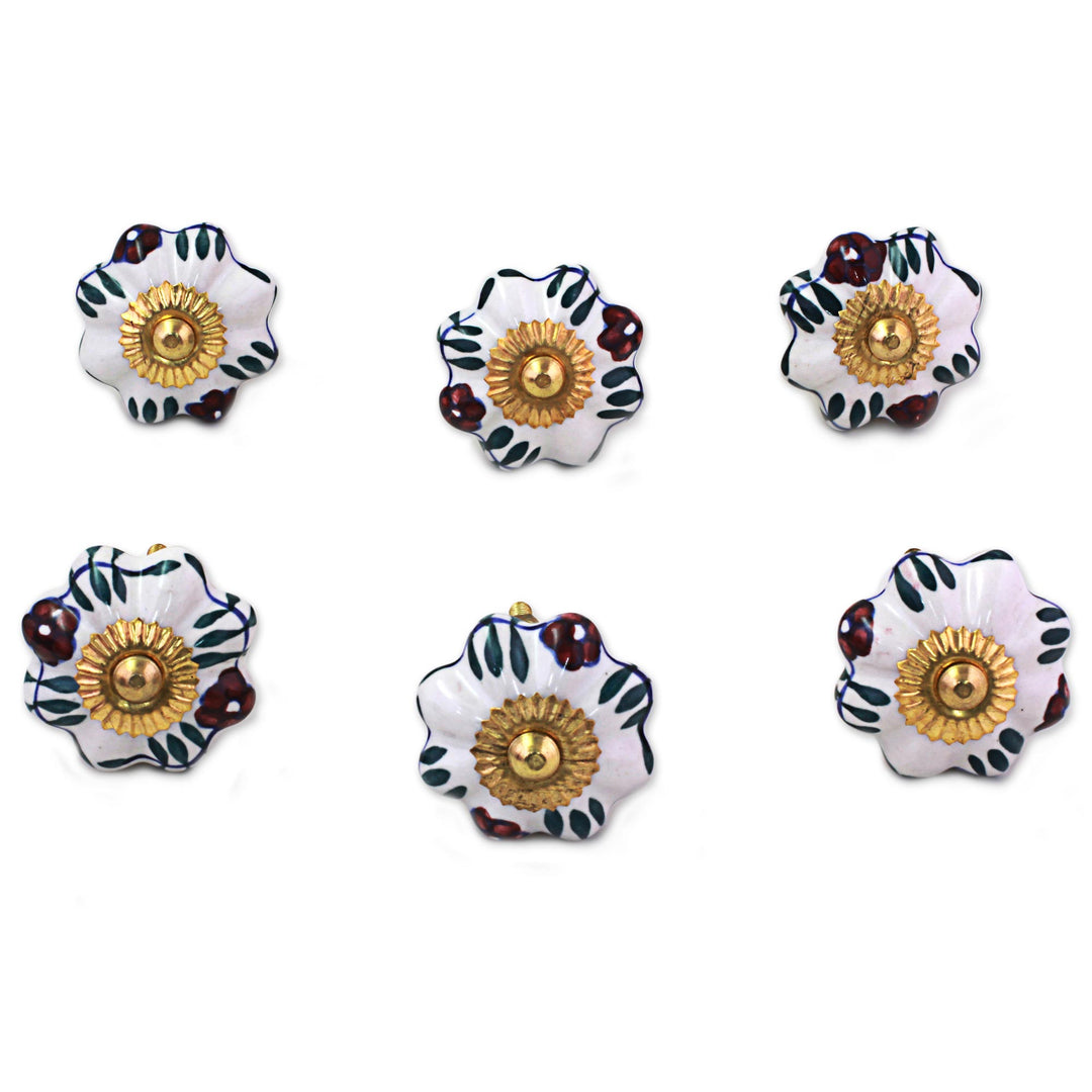 Ceramic Cabinet Knobs Floral White (Set of 6) from India - Floral Sunshine