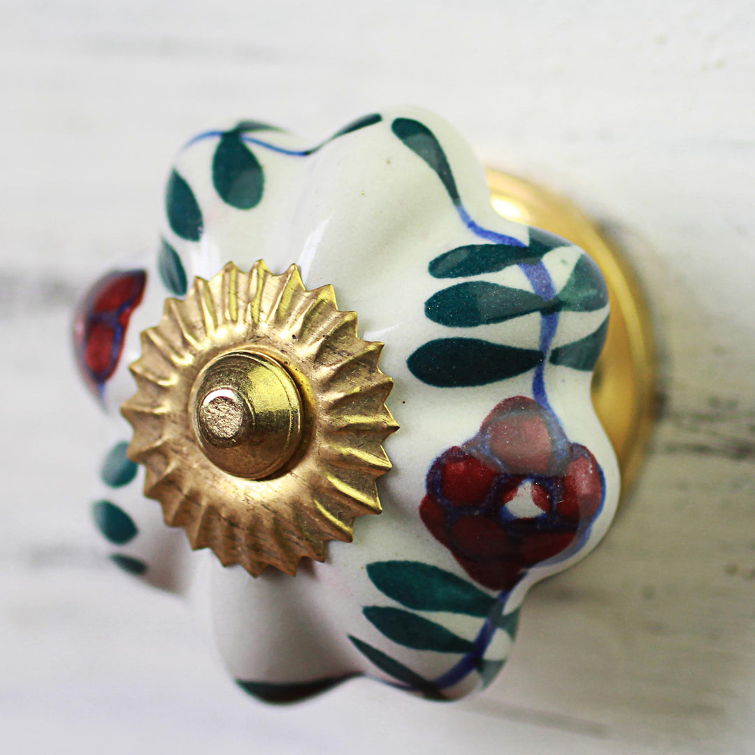 Ceramic Cabinet Knobs Floral White (Set of 6) from India - Floral Sunshine
