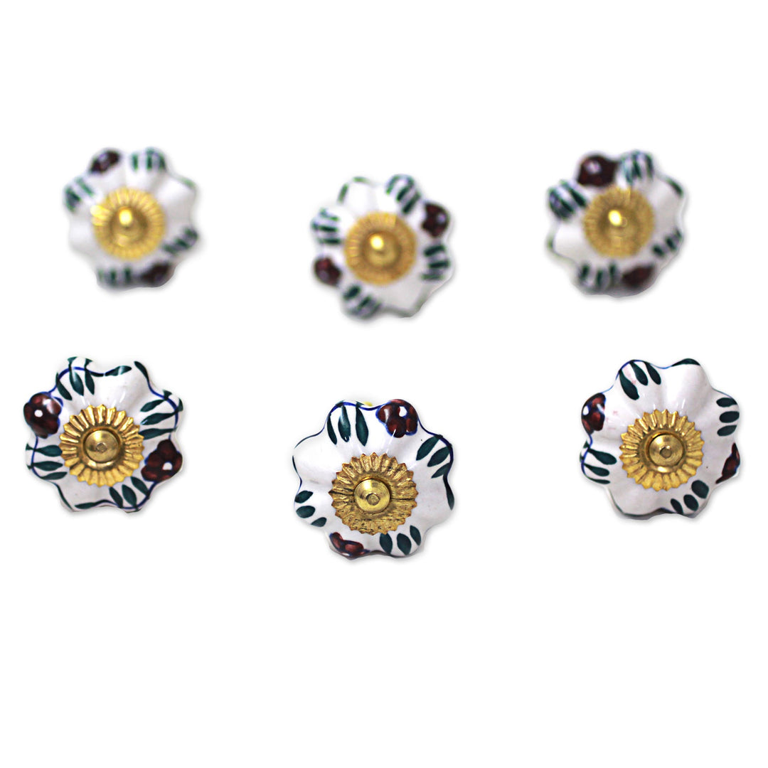 Ceramic Cabinet Knobs Floral White (Set of 6) from India - Floral Sunshine