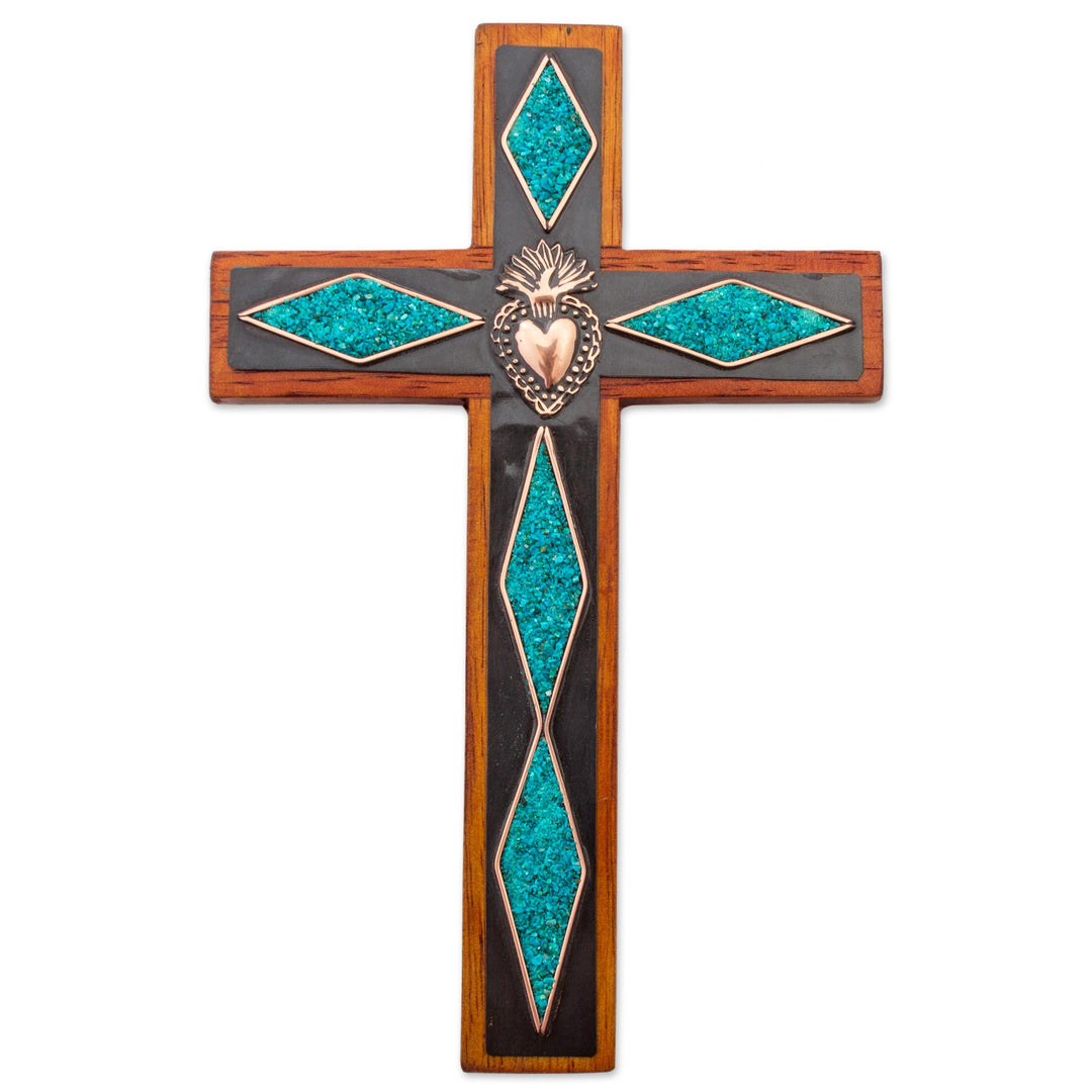Chrysocolla Copper Bronze Wood Cross Wall Decor from Peru - Chrysocolla Cross