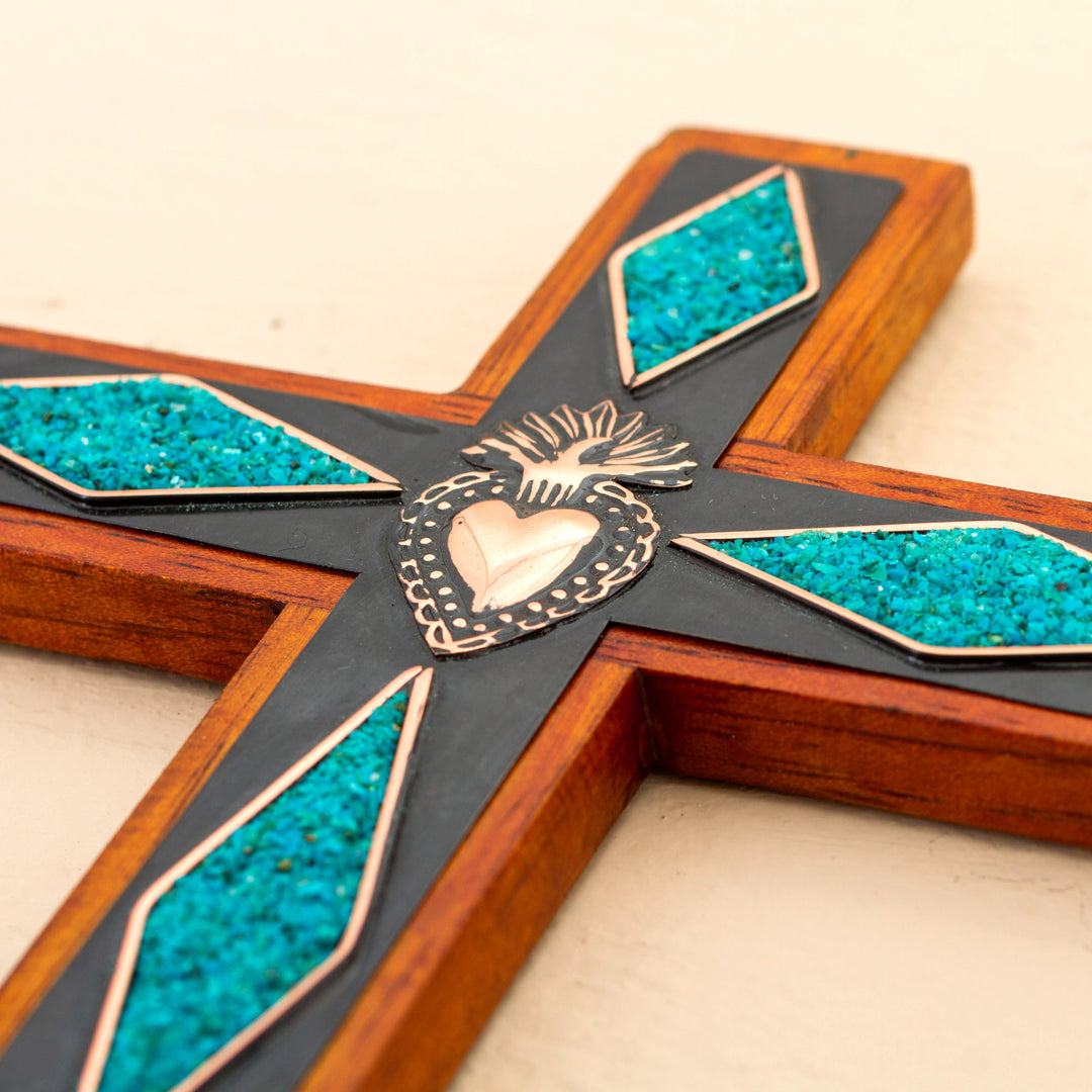 Chrysocolla Copper Bronze Wood Cross Wall Decor from Peru - Chrysocolla Cross