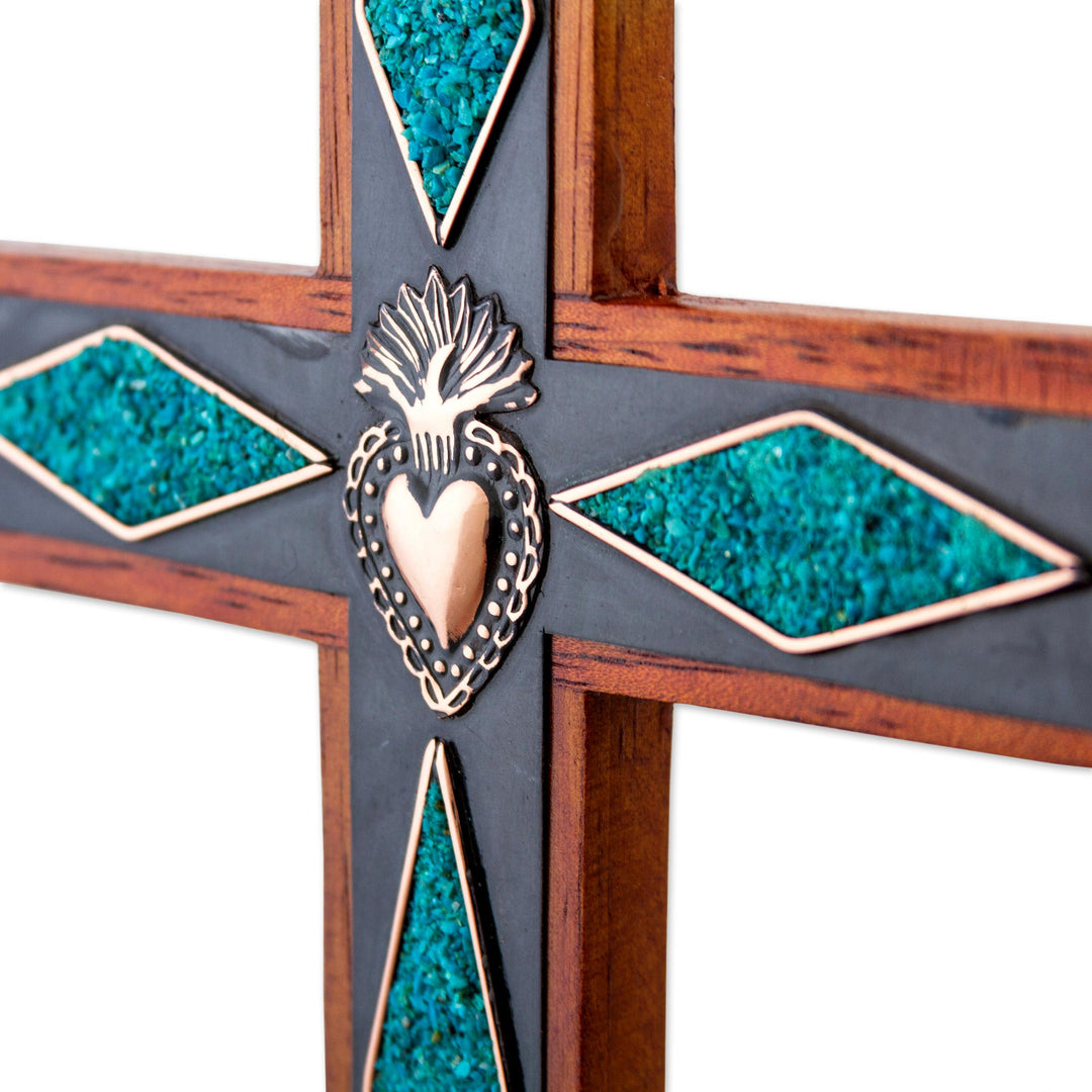 Chrysocolla Copper Bronze Wood Cross Wall Decor from Peru - Chrysocolla Cross