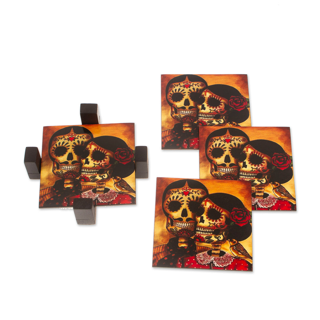 Set of 4 Decoupage Coasters with Day of the Dead Theme - Day of the Dead Romance
