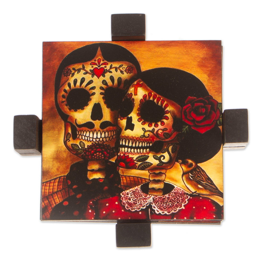 Set of 4 Decoupage Coasters with Day of the Dead Theme - Day of the Dead Romance