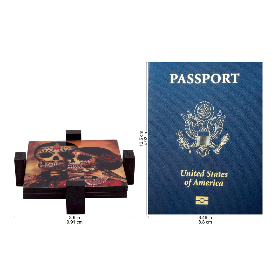 Set of 4 Decoupage Coasters with Day of the Dead Theme - Day of the Dead Romance