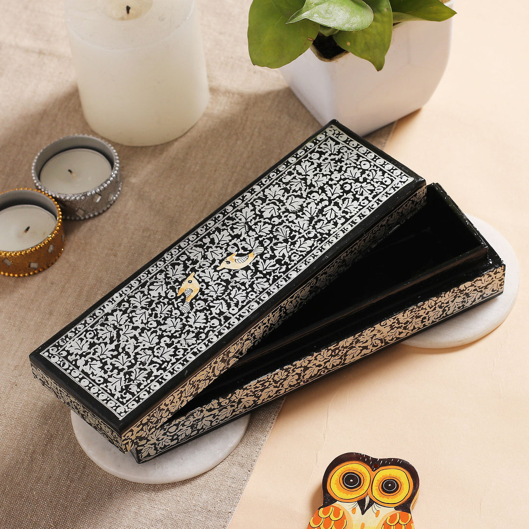 Handmade Wood Floral Decorative Box by Indian Artisan - Midnight Charm