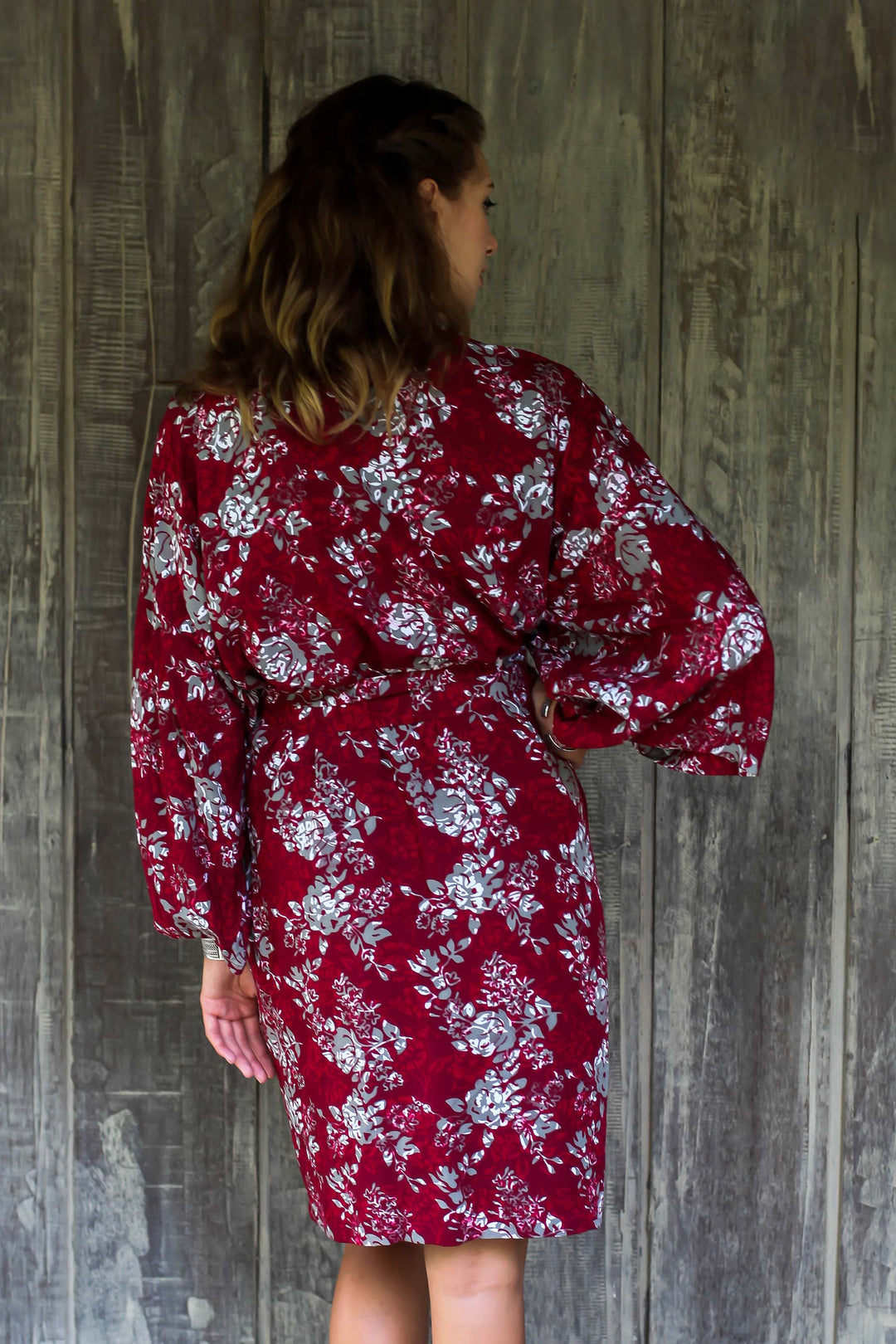 Grey Batik Bali Flowers on Claret Color Rayon Short Robe - Gorgeous in Claret