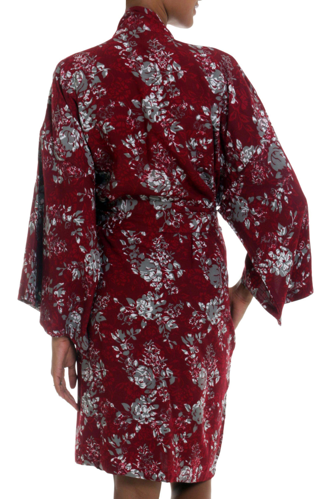 Grey Batik Bali Flowers on Claret Color Rayon Short Robe - Gorgeous in Claret