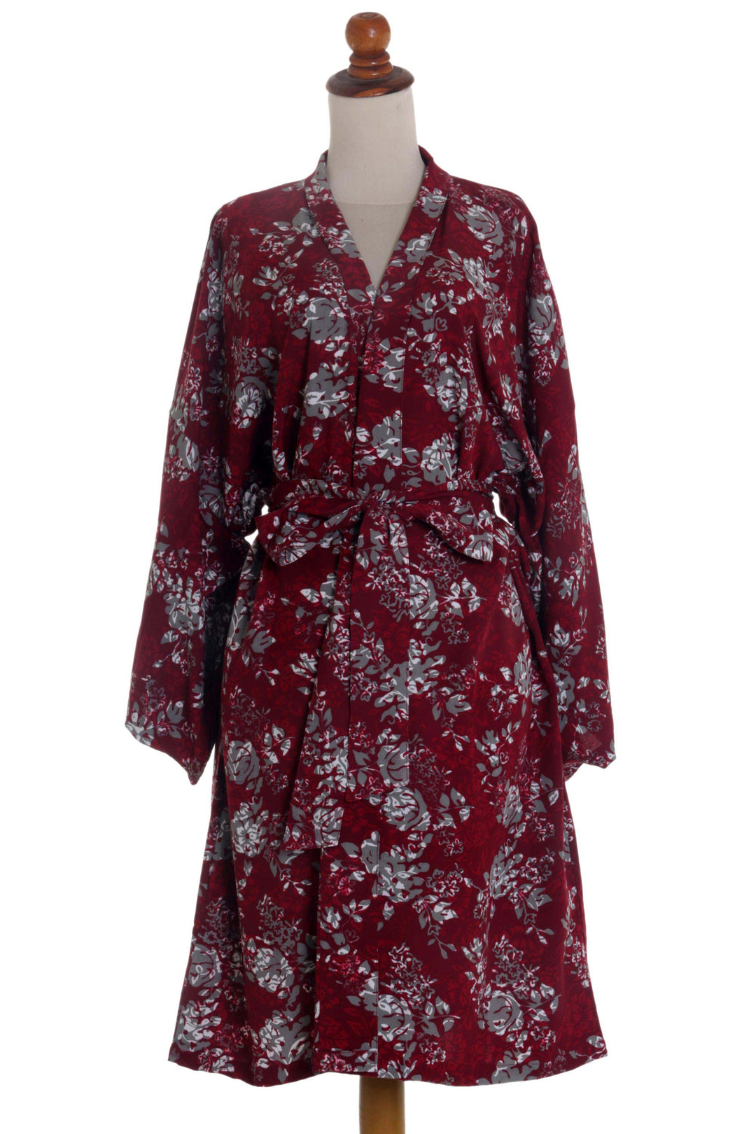 Grey Batik Bali Flowers on Claret Color Rayon Short Robe - Gorgeous in Claret