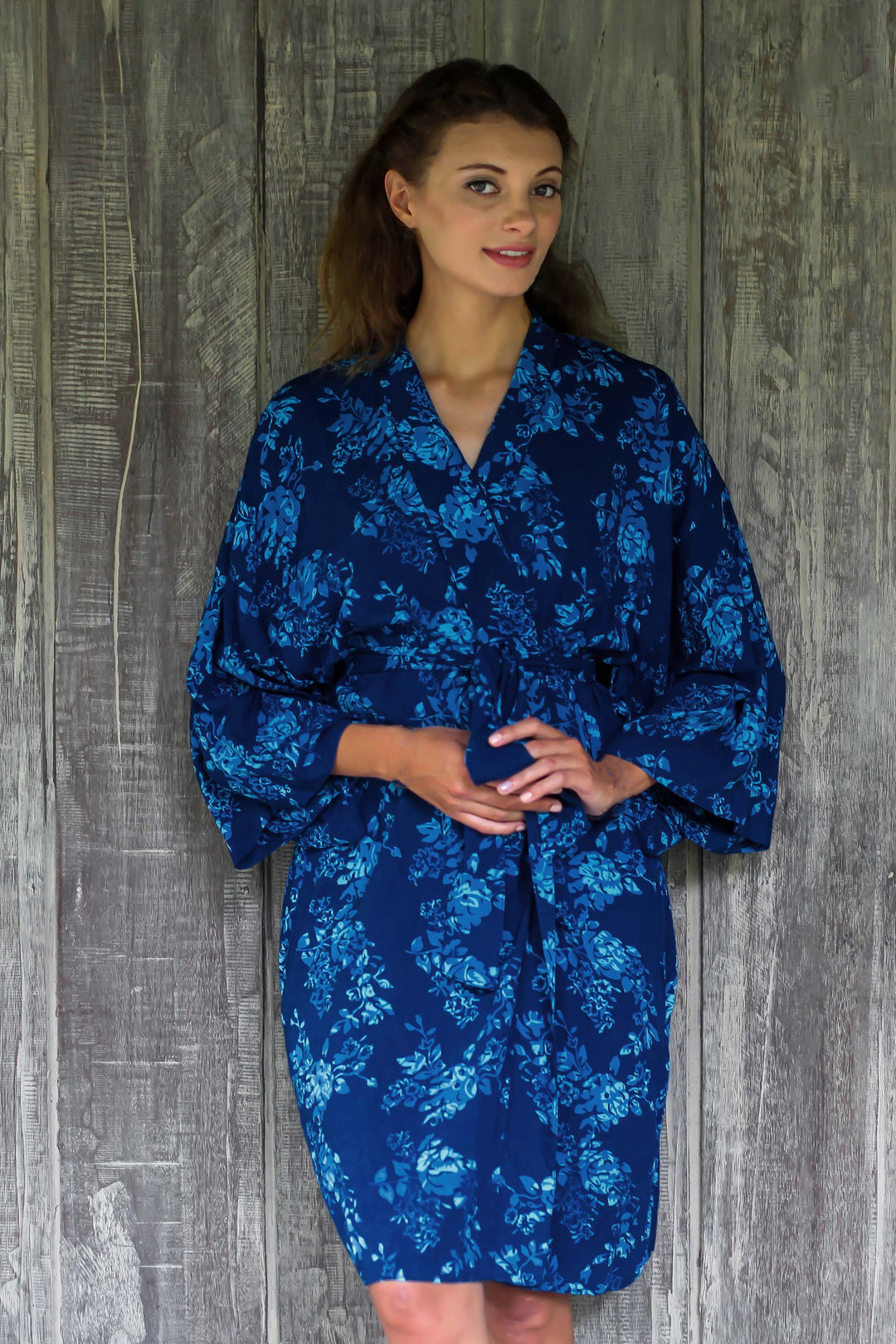 Blue Batik Flowers Balinese Rayon Short Cross Over Robe - Gorgeous in Cyan