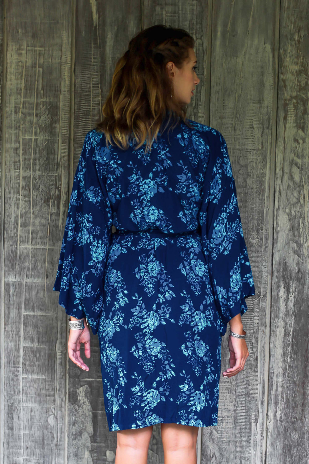 Blue Batik Flowers Balinese Rayon Short Cross Over Robe - Gorgeous in Cyan