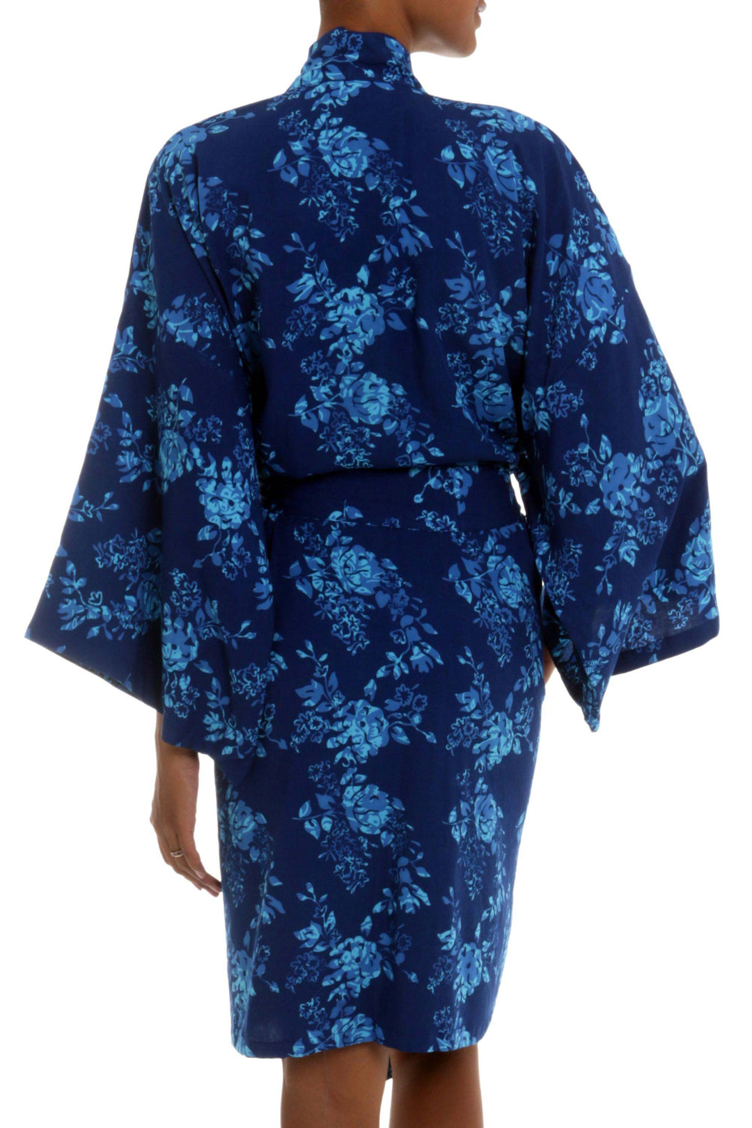 Blue Batik Flowers Balinese Rayon Short Cross Over Robe - Gorgeous in Cyan