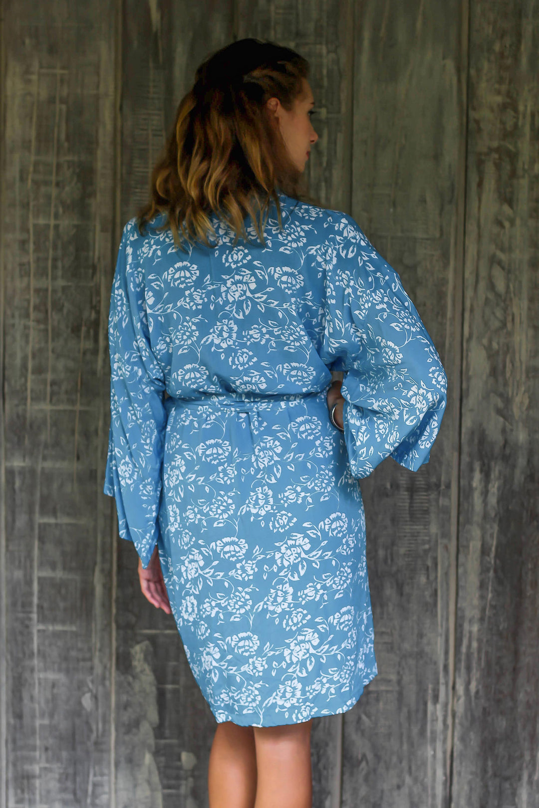 Balinese Rayon Short Cross Over Robe Blue Batik Flowers - Gorgeous in Cerulean