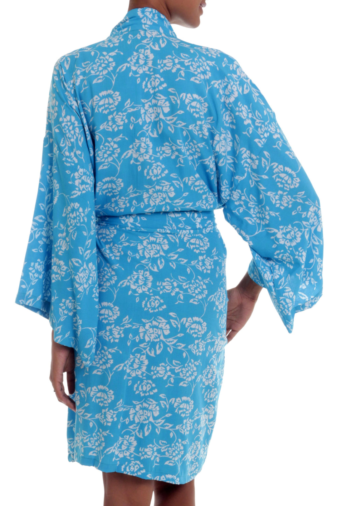 Balinese Rayon Short Cross Over Robe Blue Batik Flowers - Gorgeous in Cerulean