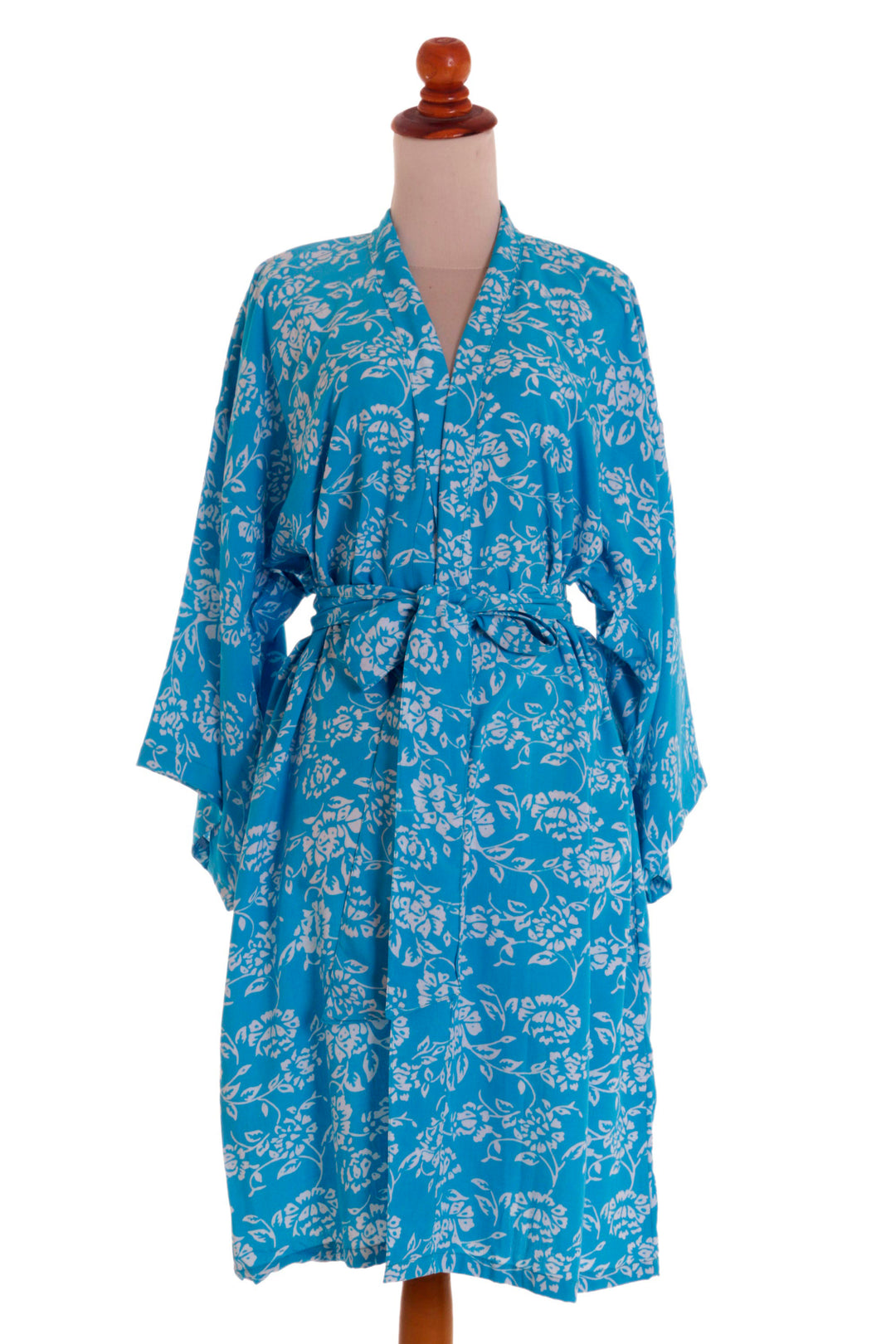 Balinese Rayon Short Cross Over Robe Blue Batik Flowers - Gorgeous in Cerulean