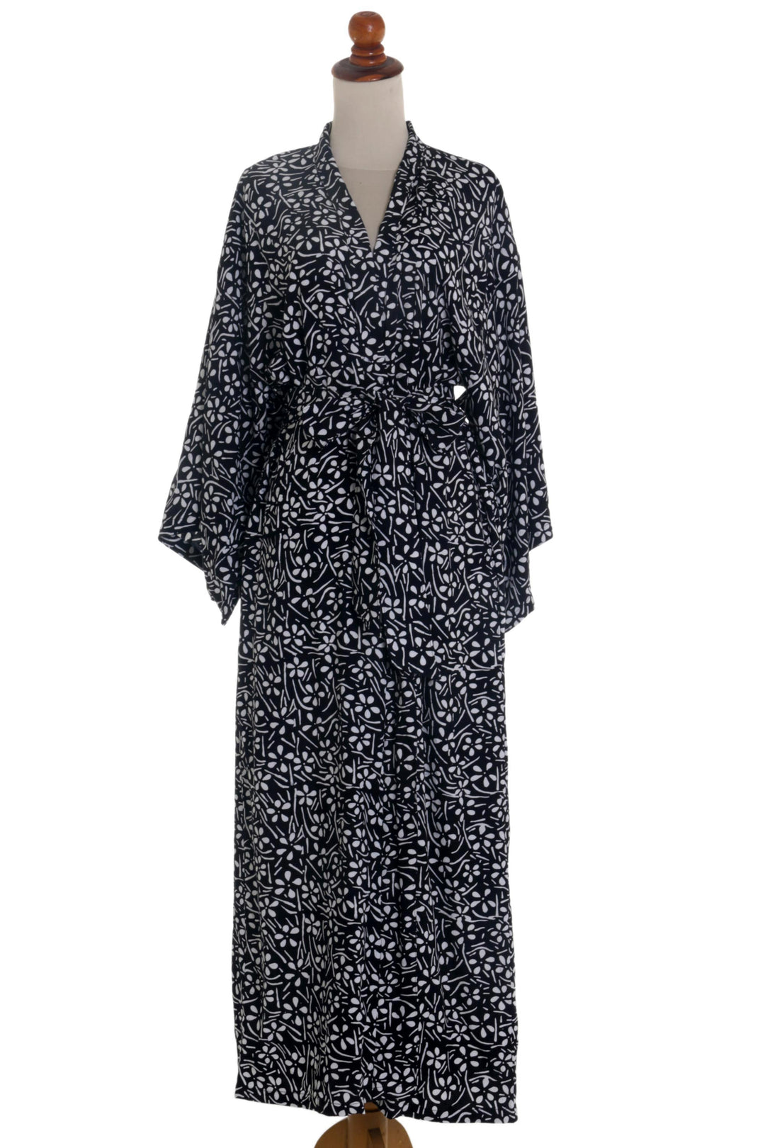 Black and White Floral Rayon Robe from Indonesia Artisan - Simple Luxury