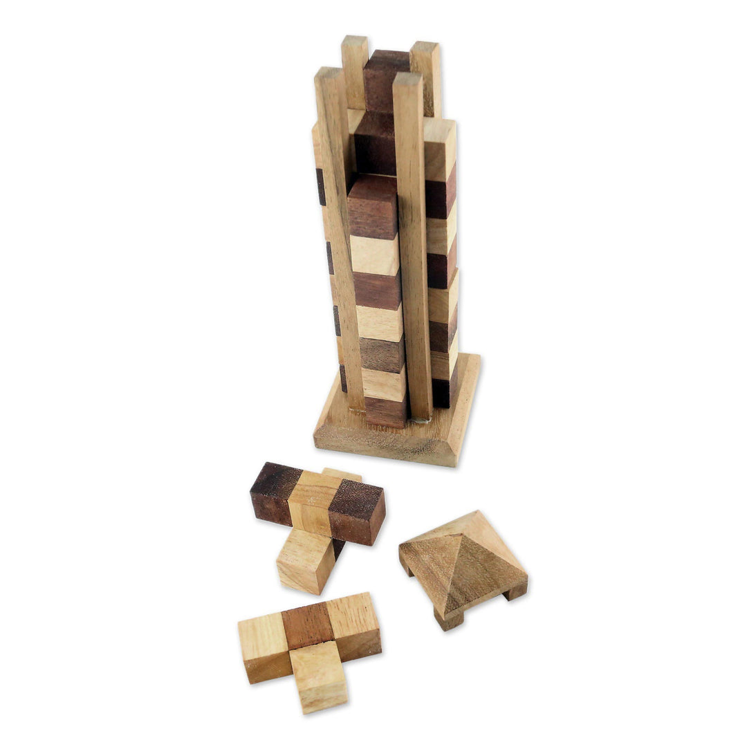 Hand Made Wood Tower Puzzle Game from Thailand - Babylon Tower